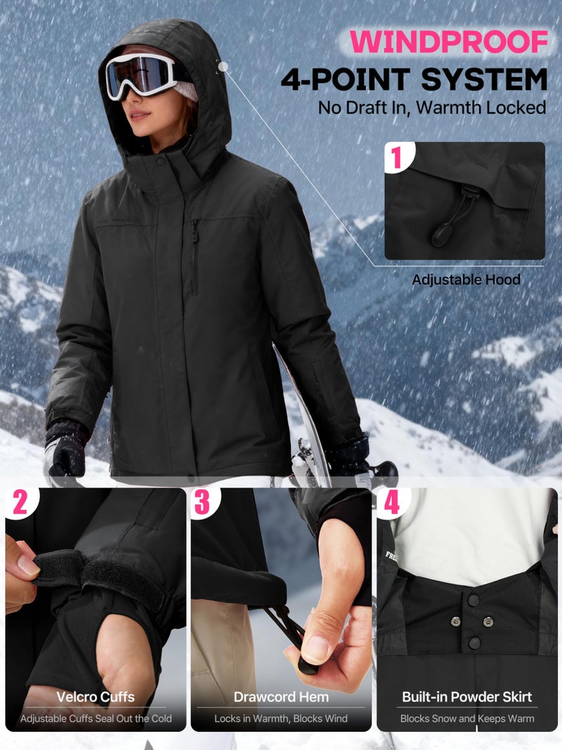 FREE SOLDIER Women's Waterproof Ski Snow Jacket Fleece Lined Warm Winter Rain Jacket with Hood Fully Taped Seams(Black,XL) - Image 5